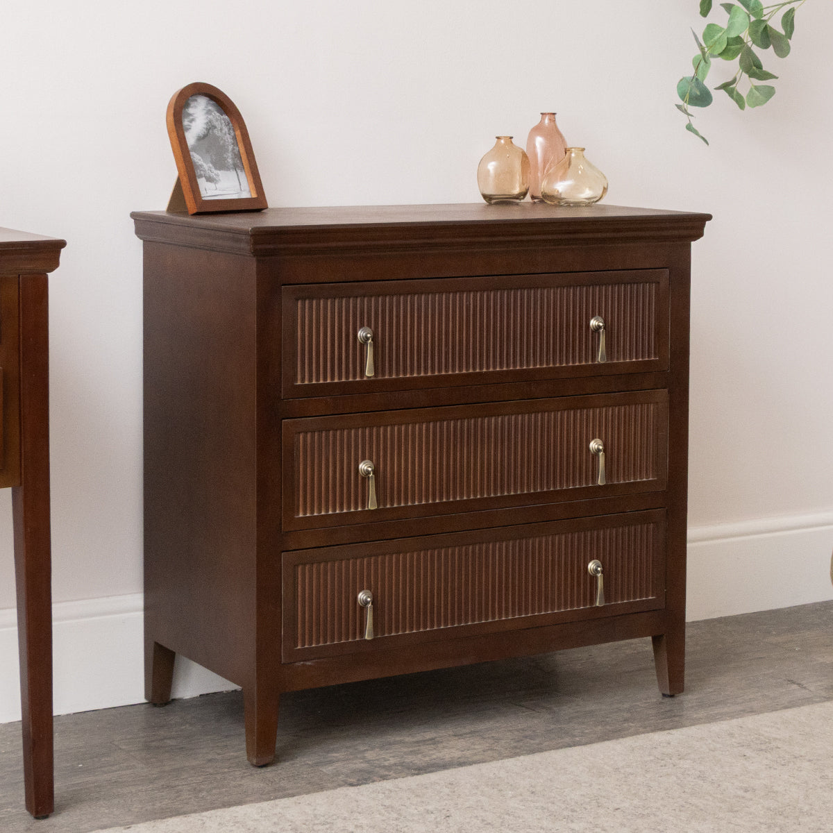 3 Drawer Dark Brown Wooden Reeded Chest of Drawers