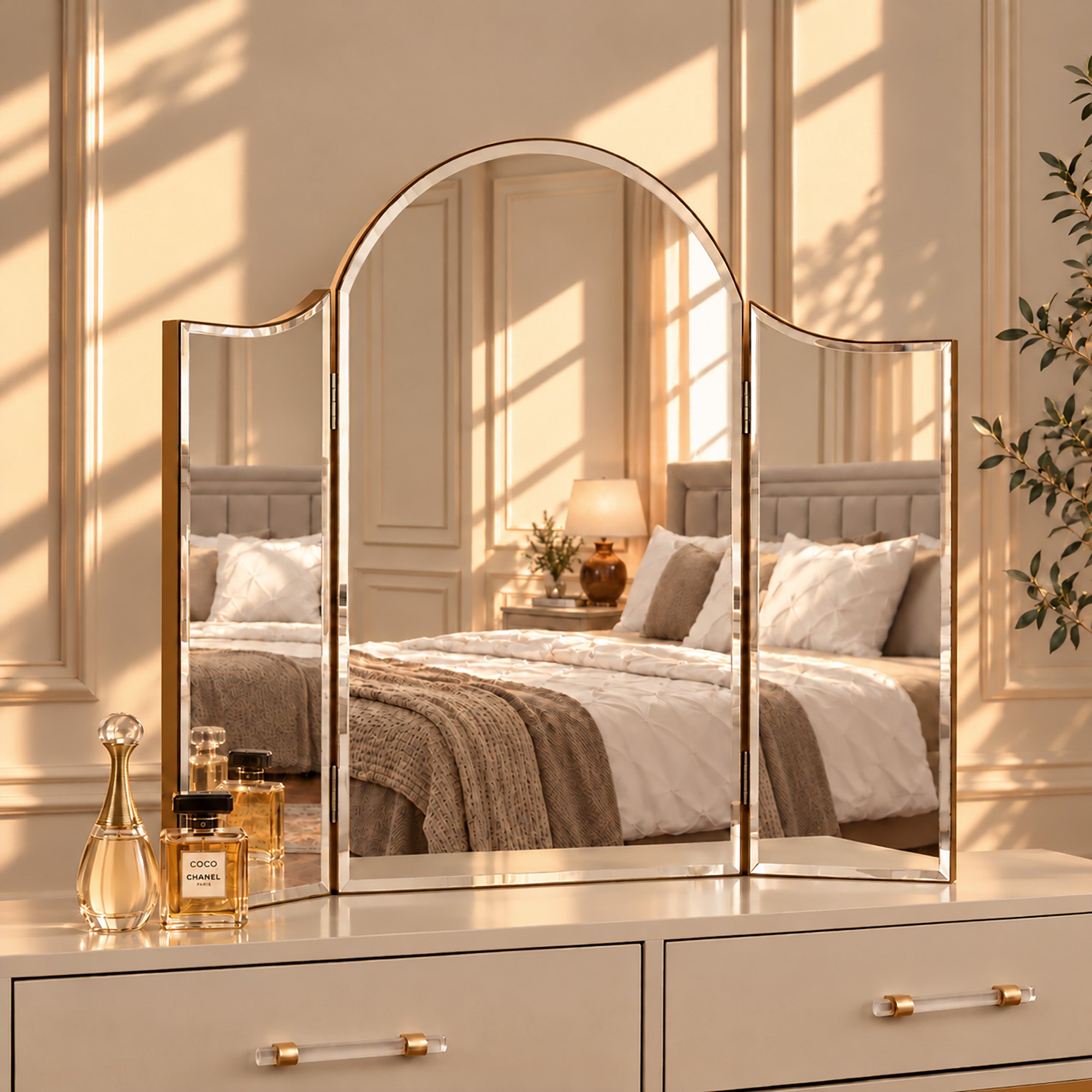 gold ornate arched triple dressing table mirror Vintage Collections_Accessories