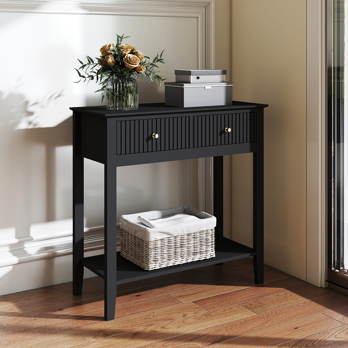 Black 2 Drawer Console / Dressing Table - Hales Black Range Melody Maison Ltd Black 2 Drawer Console / Dressing Table - Hales Black Range Melody Maison Ltd