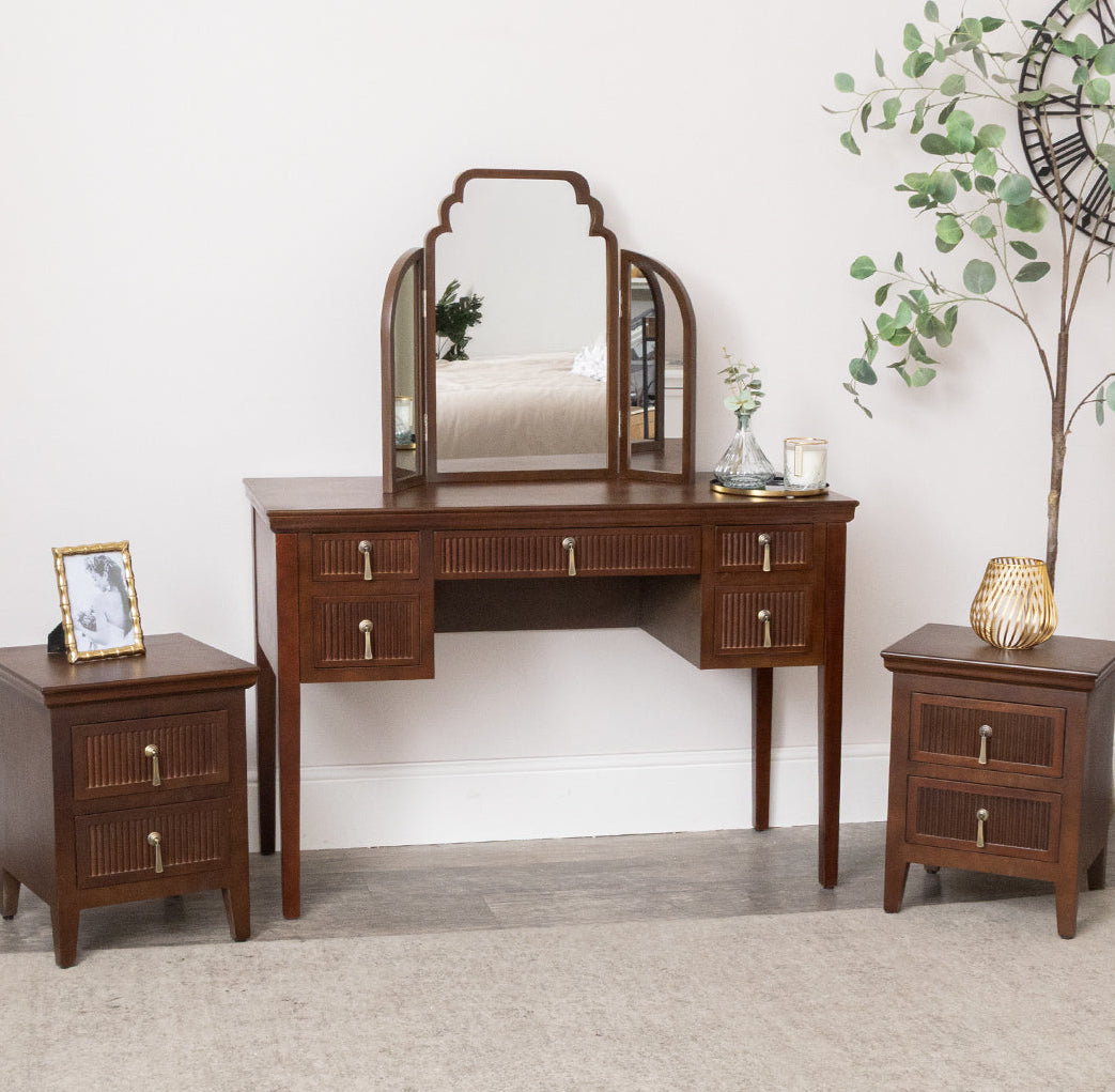 dark brown wood dressing table Amazon.com: Arulvmrn 43" Makeup Vanity Desk with Mirror and Lights, & Power Outl, Glass Top Big Vanity Table with 9 Drawers& 8 Storage Shelves, Dressing Table Set with Chair for Bedroom, Brown :