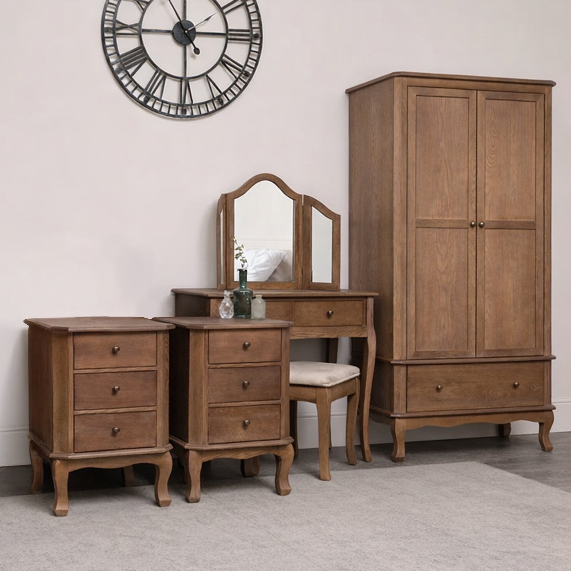 dark brown wood dressing table Dark Wood Dressing Table Desk with Triple Mirror, Stool and Pair of Bedside  Tables