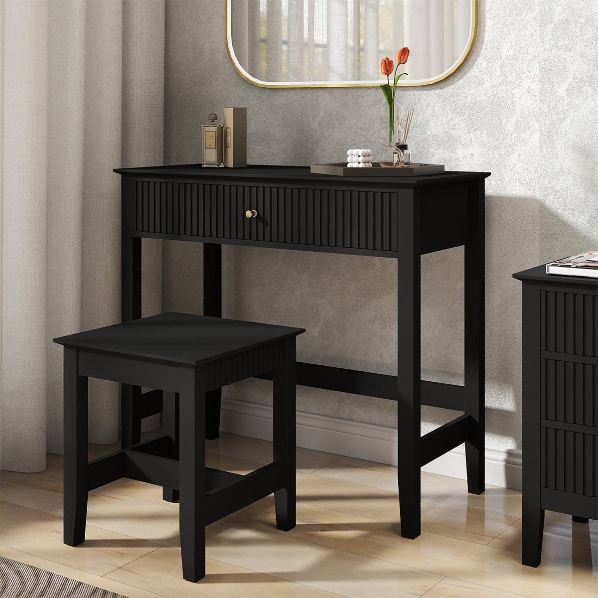 Dressing Table & Stool Set - Hales Black Range Melody Maison Ltd Dressing Table & Stool Set - Hales Black Range Melody Maison Ltd
