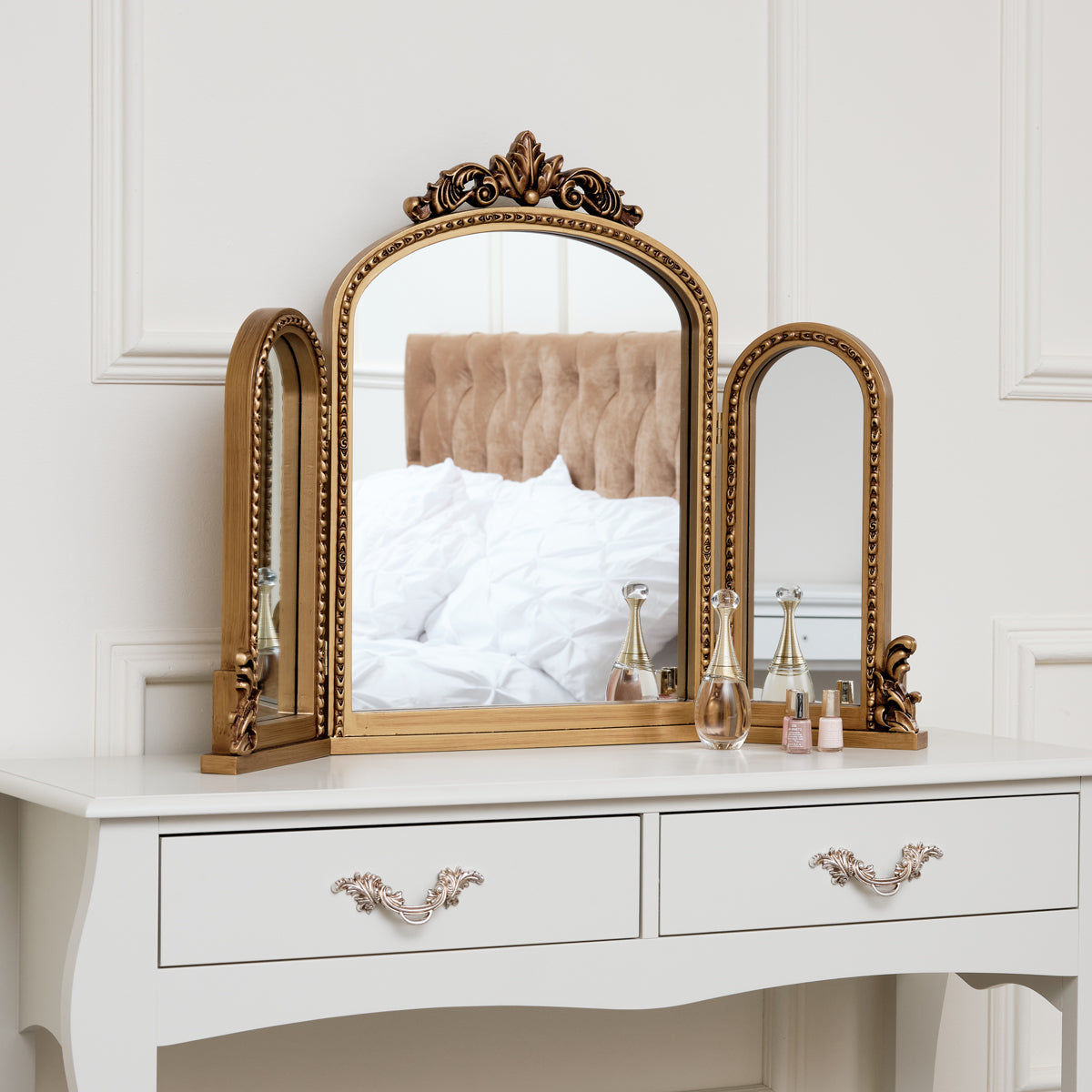 Gold Ornate Arched Triple Dressing Table Mirror 80cm x 56cm Melody Maison Ltd Gold Ornate Arched Triple Dressing Table Mirror 80cm x 56cm Melody Maison Ltd