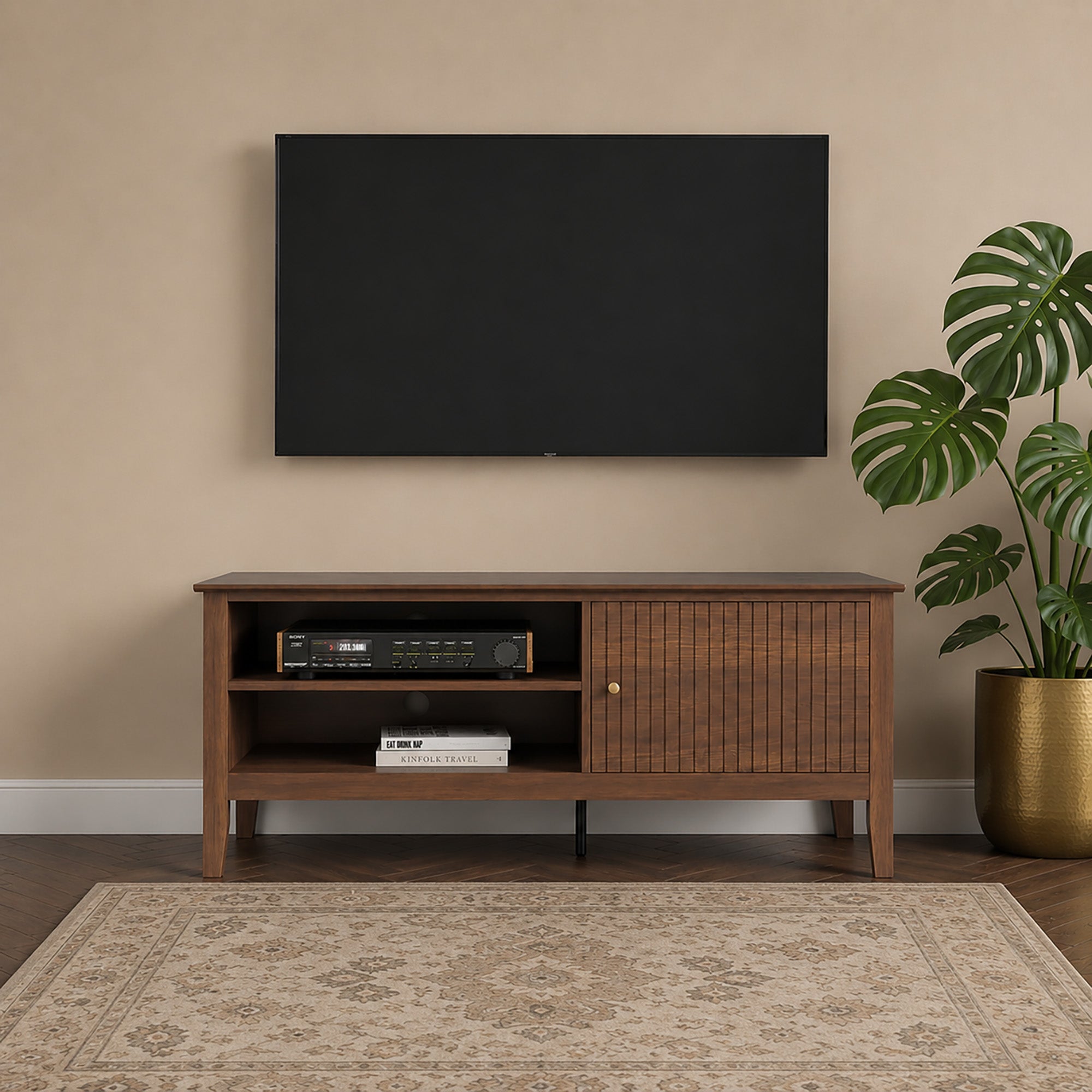 Large Dark Wood Fluted TV Cabinet / Media Storage Unit - 120cm x