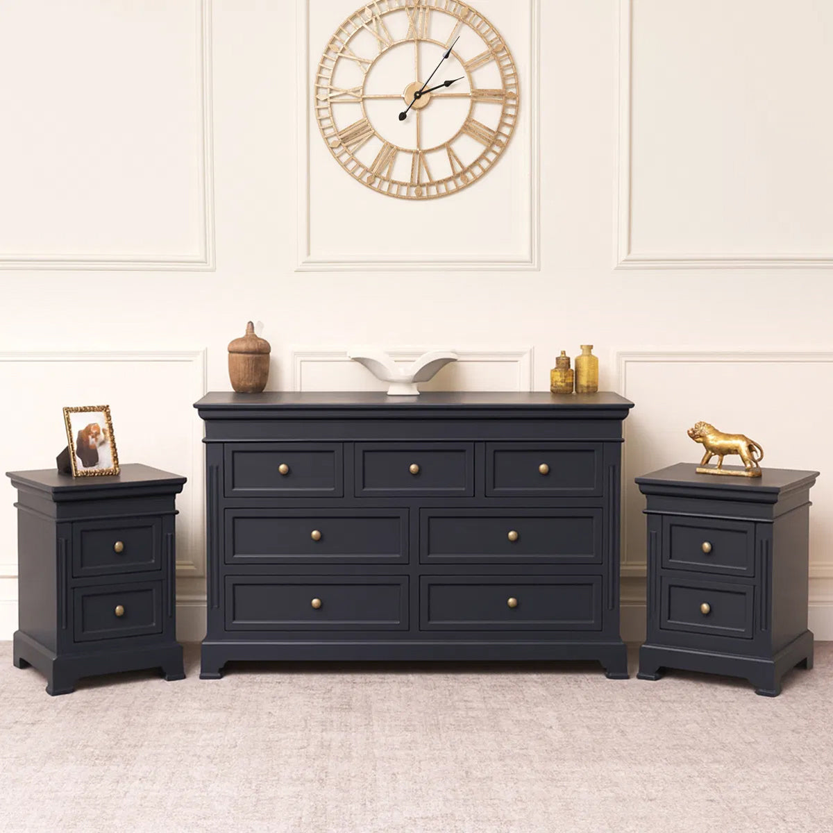Large Navy Black 7 Drawer Chest of Drawers & Pair of Bedside