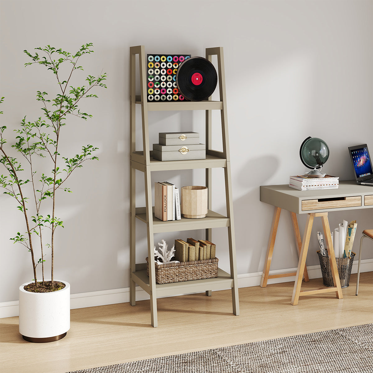Mid-Century Style 4 Tier Painted Wooden Ladder Shelf - 178cm