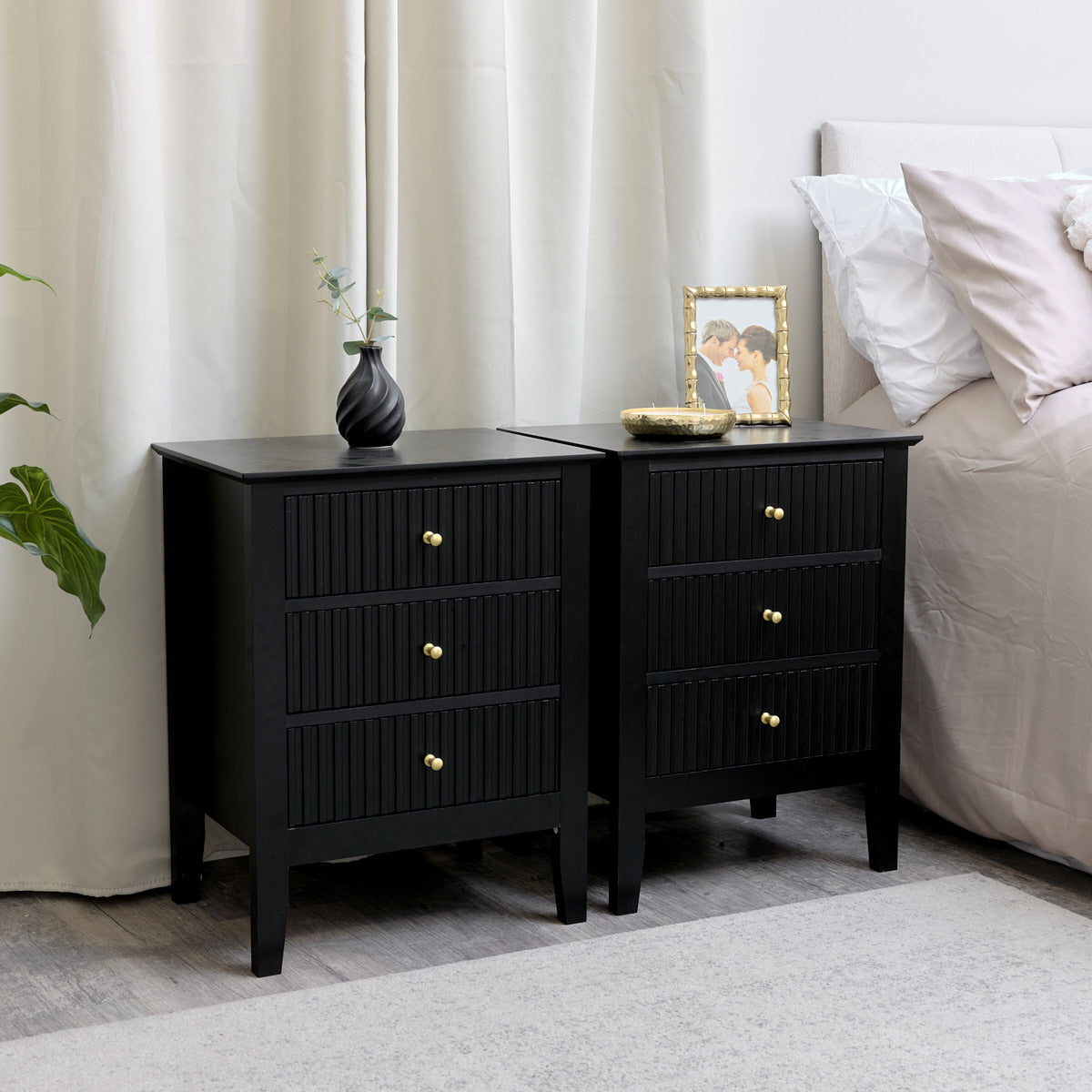 Pair of 3 Drawer Bedside Tables - Hales Black Range Melody Maison Ltd Pair of 3 Drawer Bedside Tables - Hales Black Range Melody Maison Ltd