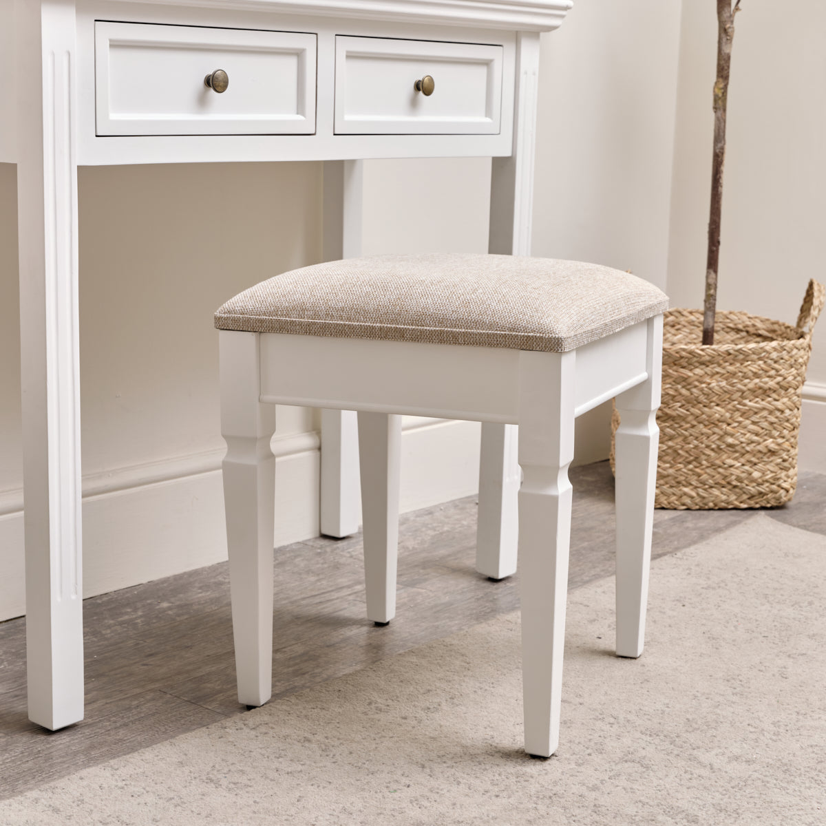 White Cushioned Dressing Table Stool - Daventry White Range  Melody Maison  Ltd