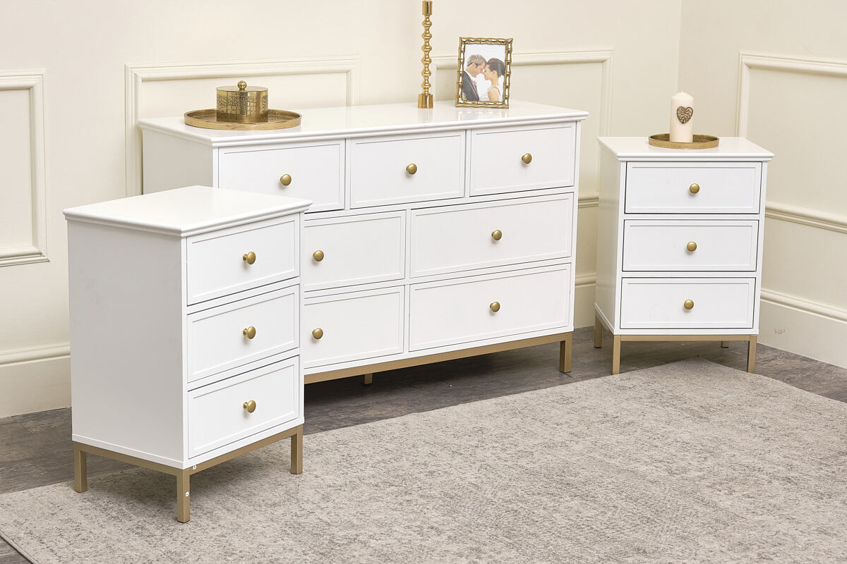 Large Chest of Drawers & Pair of Bedside Tables - Aisby White Range