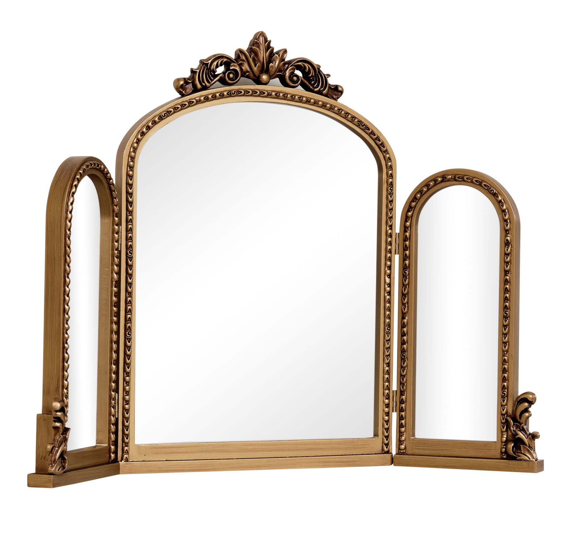Gold Ornate Arched Triple Dressing Table Mirror 80cm x 56cm Melody Maison Ltd Gold Ornate Arched Triple Dressing Table Mirror 80cm x 56cm Melody Maison Ltd