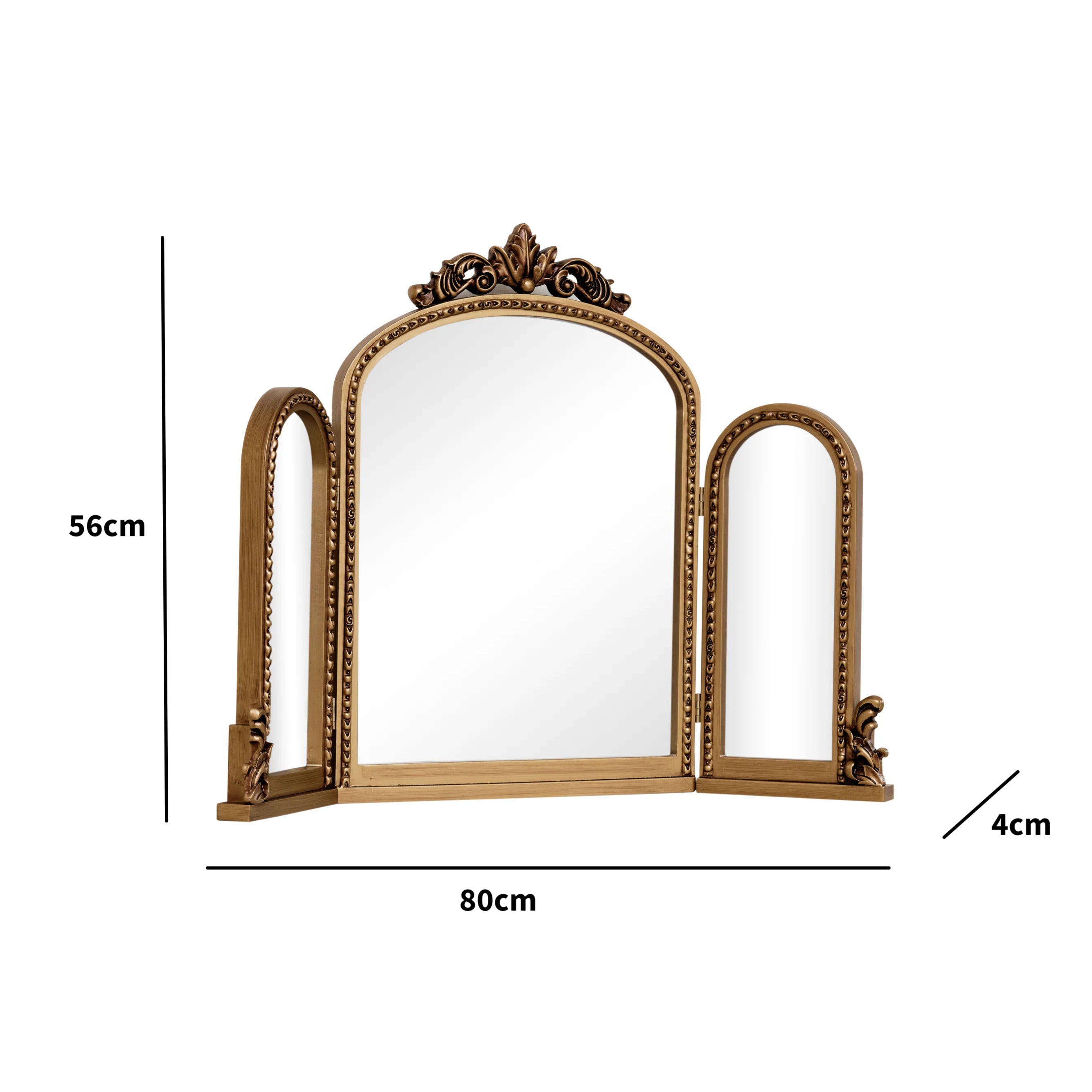 Gold Ornate Arched Triple Dressing Table Mirror 80cm x 56cm Melody Maison Ltd Gold Ornate Arched Triple Dressing Table Mirror 80cm x 56cm Melody Maison Ltd