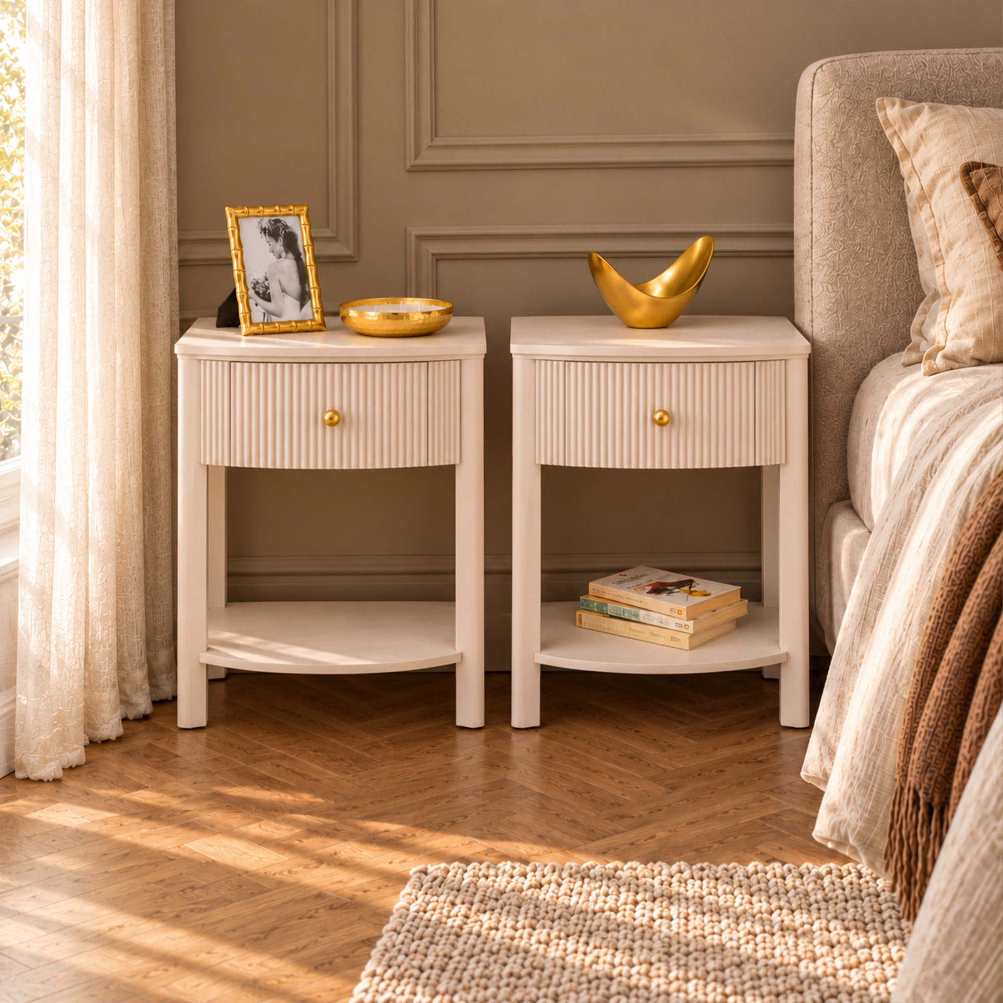 Floating Arm Table 3 Drawer Reeded Wall Mounted Floating Dressing Table & Pair of Bedside ...