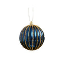 Set of 2 Blue Glitter Striped Reeded Hanging Baubles - 8cm