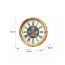 Black, White & Gold Cog Detailed Clock with Natural Wooden Frame - 50cm x 50cm