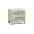 Boho Rustic White Washed Wooden Carved 2 Drawer Bedside Table