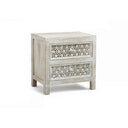 Boho Rustic White Washed Wooden Carved 2 Drawer Bedside Table