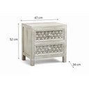 Boho Rustic White Washed Wooden Carved 2 Drawer Bedside Table