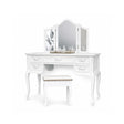 Antique White Dressing Table Desk with Triple Mirror and Stool - Pays Blanc Range