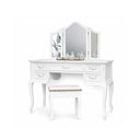 Antique White Dressing Table Desk with Triple Mirror and Stool - Pays Blanc Range