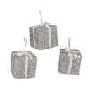 Set Of 3 Silver Tinsel & White Ribbon Christmas Present Tree Decorations