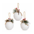 Set of 3 White Velvet Christmas Bauble Decorations with Foliage - 7cm