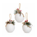 Set of 3 White Velvet Christmas Bauble Decorations with Foliage - 7cm