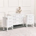 Antique White 4 Drawer Chest of Drawer &amp; Pair of 3 Drawer Bedside Tables - Pays Blanc Range