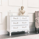 Antique White 4 Drawer Chest of Drawer &amp; Pair of 3 Drawer Bedside Tables - Pays Blanc Range