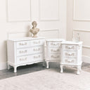 Antique White 4 Drawer Chest of Drawer & Pair of 3 Drawer Bedside Tables - Pays Blanc Range