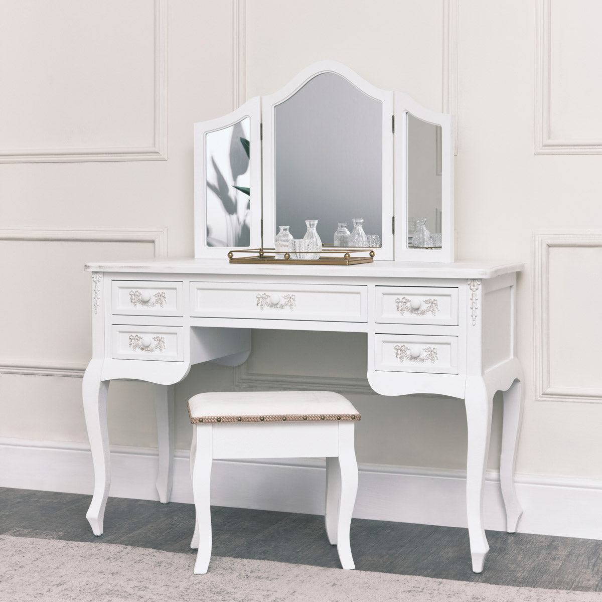 Antique White Dressing Table Desk with Triple Mirror and Stool Antique White Dressing Table Desk with Triple Mirror and Stool