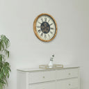 Black, White &amp; Gold Cog Detailed Clock with Natural Wooden Frame - 50cm x 50cm