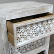Boho Rustic White Washed Wooden Carved 2 Drawer Bedside Table