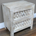Boho Rustic White Washed Wooden Carved 2 Drawer Bedside Table