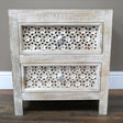 Boho Rustic White Washed Wooden Carved 2 Drawer Bedside Table
