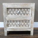 Boho Rustic White Washed Wooden Carved 2 Drawer Bedside Table