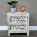 Boho Rustic White Washed Wooden Carved 2 Drawer Bedside Table