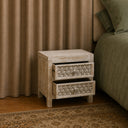 Boho Rustic White Washed Wooden Carved 2 Drawer Bedside Table