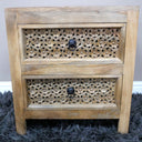 Boho Rustic Wooden Carved 2 Drawer Bedside Table