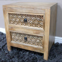 Boho Rustic Wooden Carved 2 Drawer Bedside Table