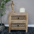 Boho Rustic Wooden Carved 2 Drawer Bedside Table