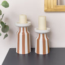 Burnt Orange Striped Pillar Candle Holder - 18cm