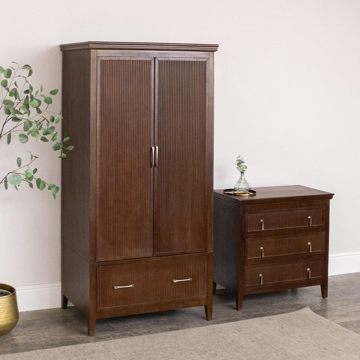 Dark Brown Wooden Reeded Wardrobe - Georgian Range – Melody Maison