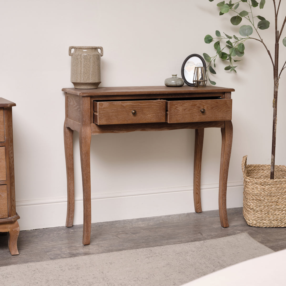 dressing table brown wood 43" Brown Classic Wood Makeup Vanity Sett with Flip-top Mirror and Stool Dressing Table with Three Drawers and storage space