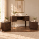 Dark Wood Curved 4 Drawer Dressing Table &amp; Pair of Bedside Tables - Kingsley Range