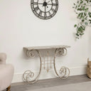 Distressed White Metal Side Table With Curled Legs