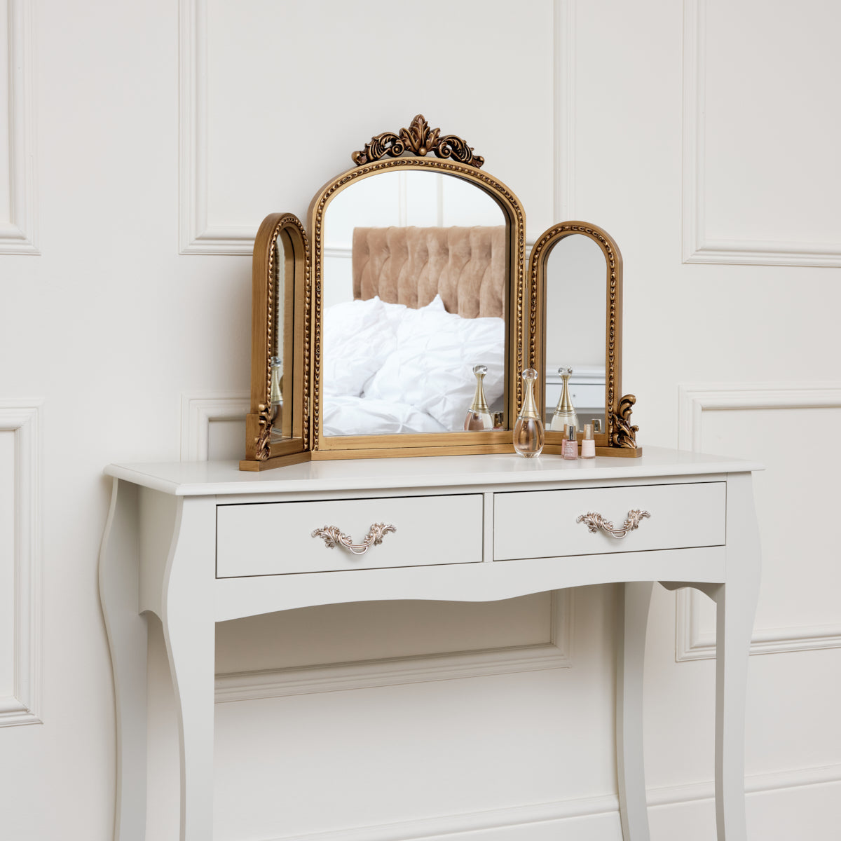 Gold Ornate Arched Triple Dressing Table Mirror 80cm x 56cm Melody Maison Ltd Gold Ornate Arched Triple Dressing Table Mirror 80cm x 56cm Melody Maison Ltd