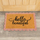 "Hello Beautiful" Pink Scalloped Coir Doormat