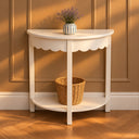 Ivory White Wooden Scalloped Half Moon Console Table with Shelf - 78cm x 80cm