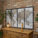 Large Black & White Distressed Mirrored World Map Canvas Print 144cm x 81cm