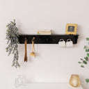 Large Black Wooden Wall Shelf with Hooks - 100cm